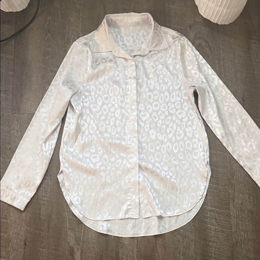 White Leopard-Print Satin Button-Up Shirt